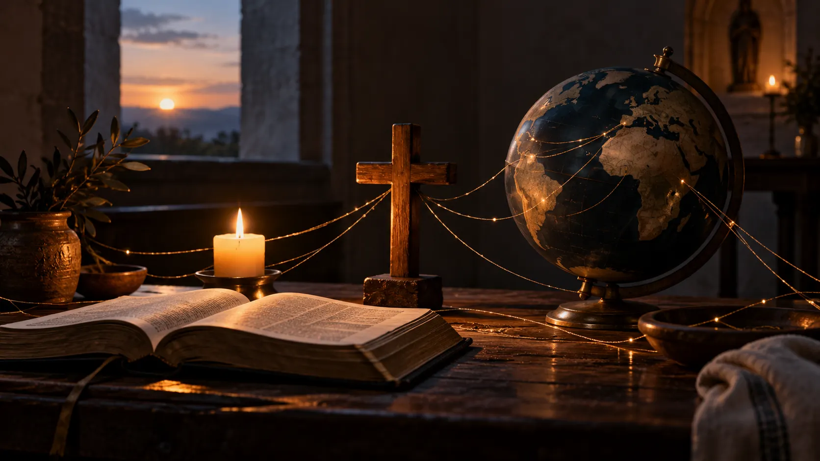 An open Bible, candle, wooden cross, and globe joined by warm threads of light in a dark chapel at dawn